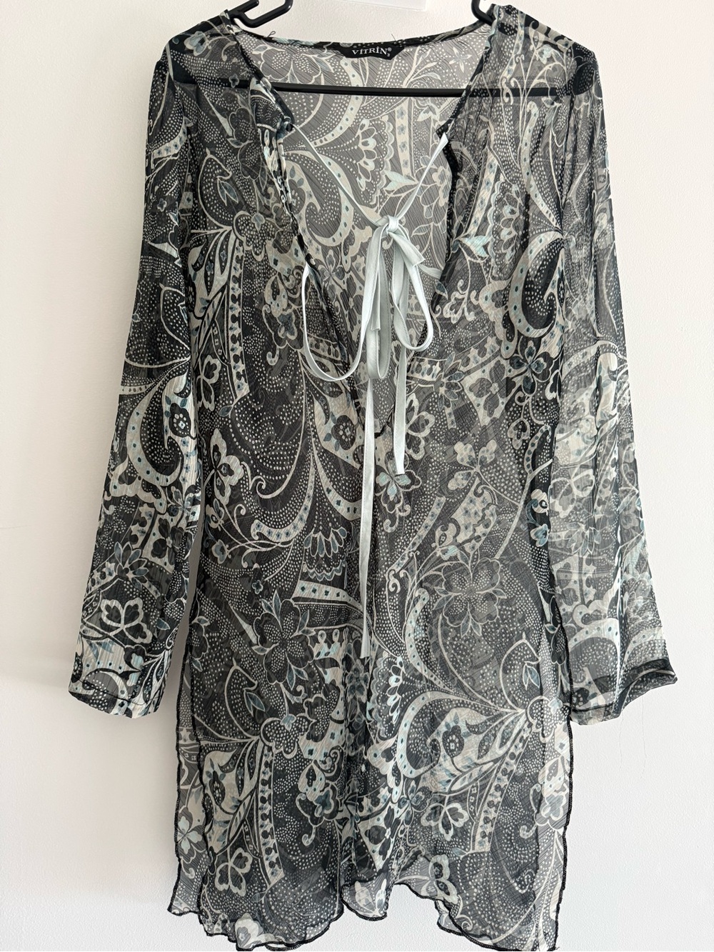 Women’s Sheer Floral Tie-Front Swim Coverup in Black & Cream